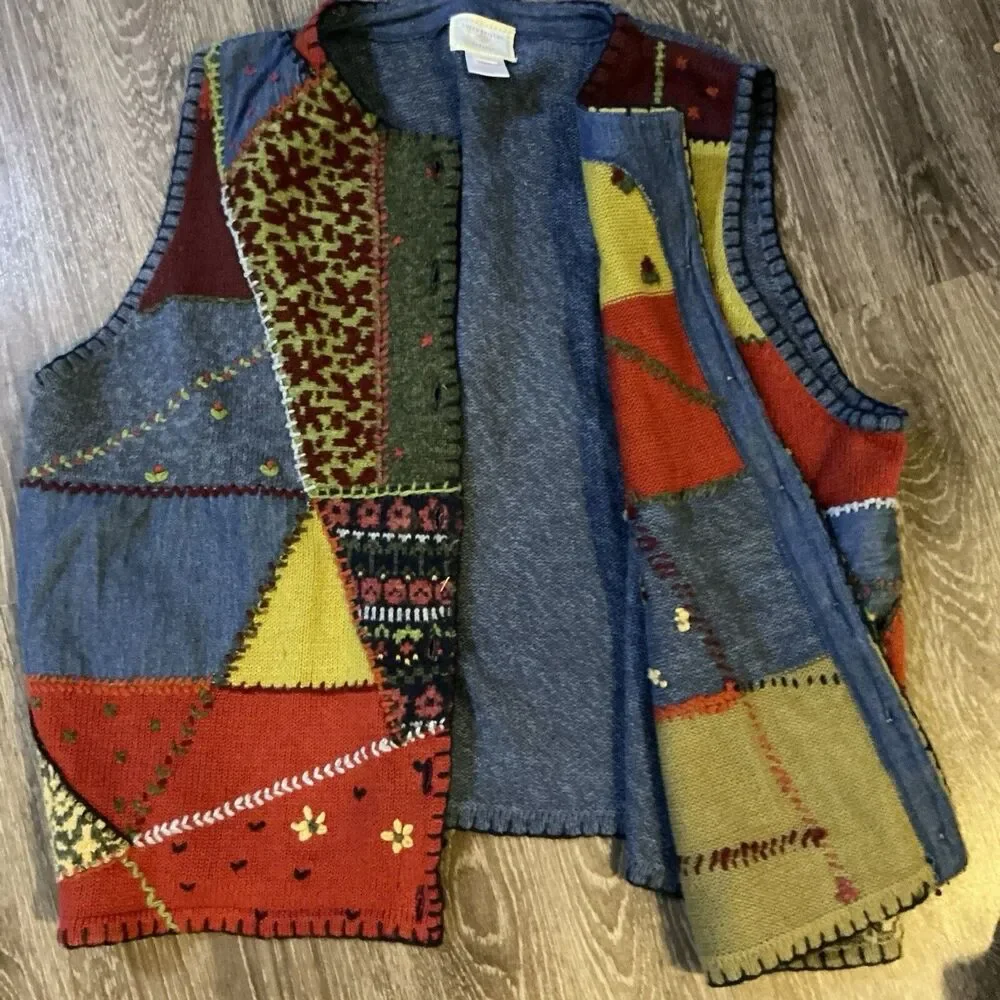Susan Bristol Multicolor Patchwork Button-Front Sweater Vest
